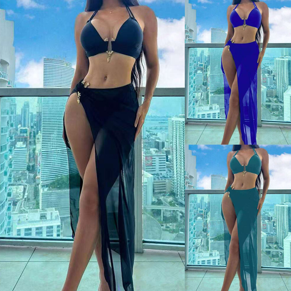 Outdoor Summer Beach Sexy Womenfree Shipping 2025 New Designer Shoes 2025 New Three Piece Solid Color Metal Buckle Long Yarn Women's Split Bikini