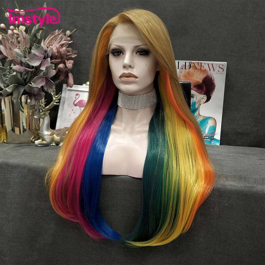 Imstyle Tinsel Rainbow Synthetic Lace Front Long Straight Hair Multicolor Wigs For Women Party Colorful Wig