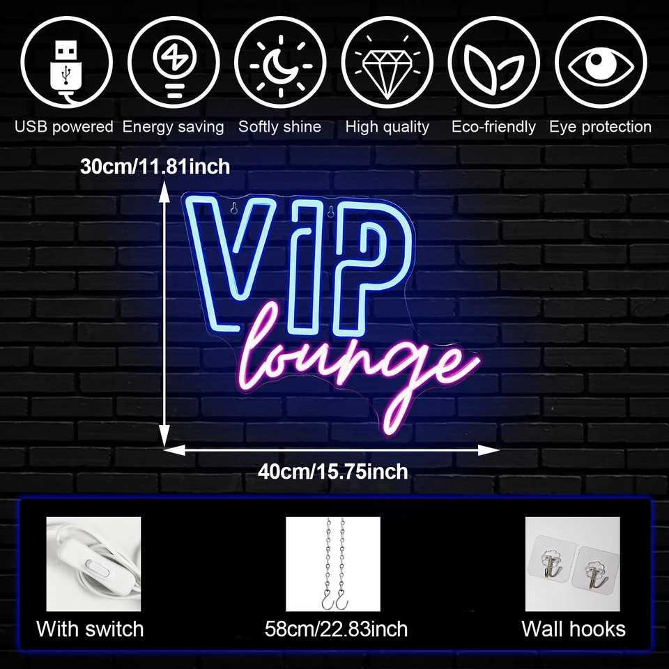 VIP Lounge Neon Sign USB Powered LED Light On/Off Switch Night Lamp Up Sign Wall Decor for Business Office Room Party Bar Hotel XJ250602