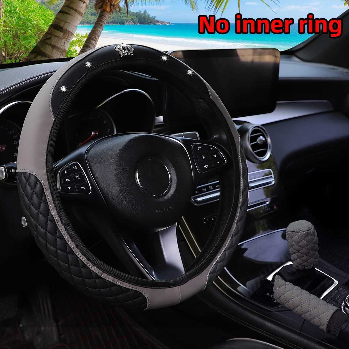 3-piece pu leather embroidered crown diamond car without inner ring steering wheel cover handbrake cover handle cover R250603
