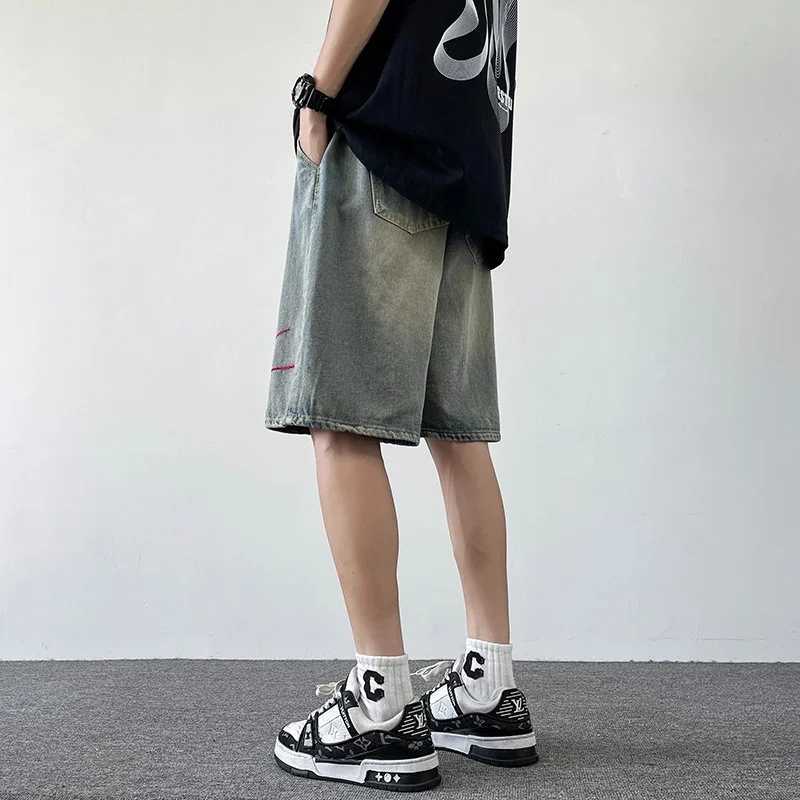 2025 Summer Mens Washed Embroidered Straight-leg Denim Shorts Y2K Vintage Drawstring Baggy Jorts High Street Fashion Short Jeans T250603