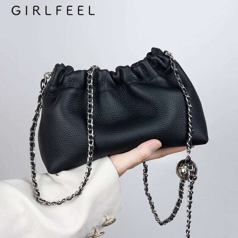 First Layer Cowhide Cloud Dumpling New Niche Design Small Ball Chain Shoulder Fashion Women's Crossbody Bag 5