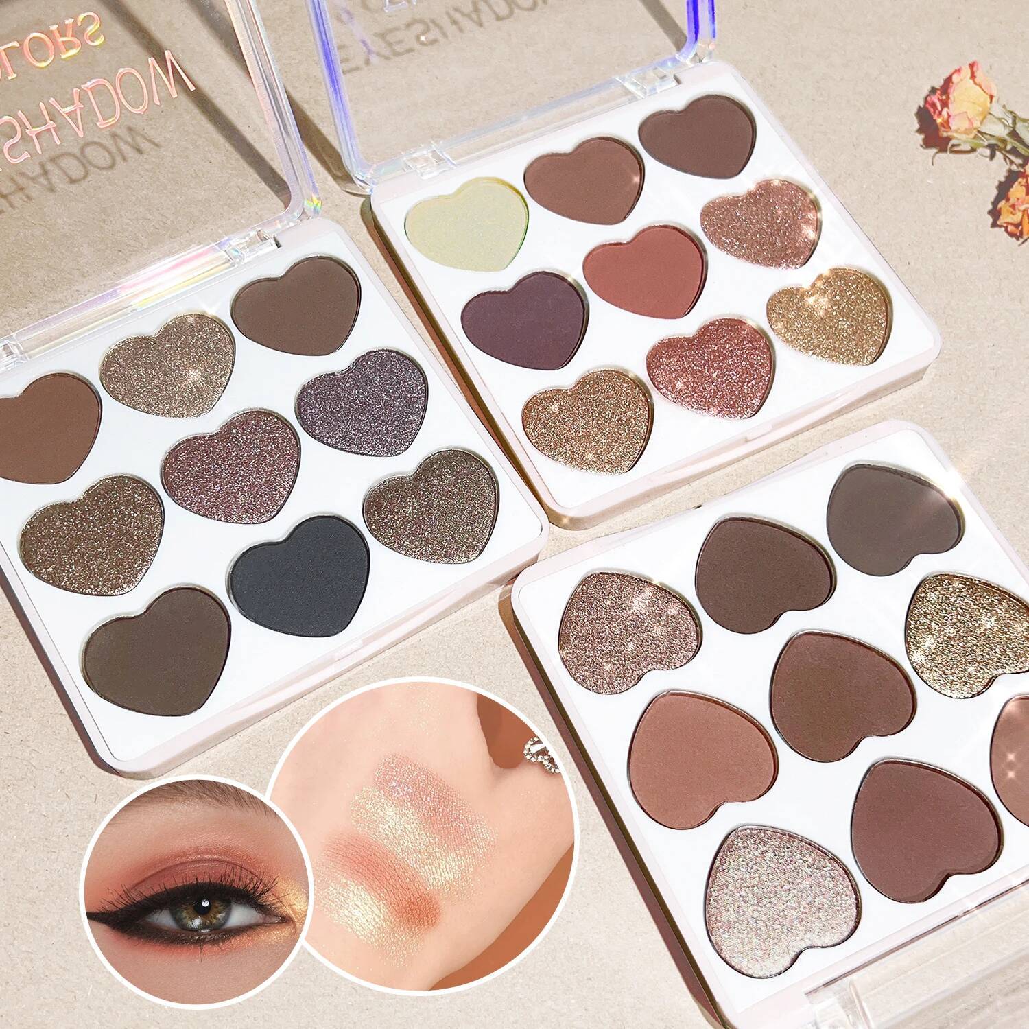 9 Colors Palette, Lovely Heart Shape, High Pigmented, Waterproof Eyeshadow Matte Glitter Pearly Finish Brown Grey Mult