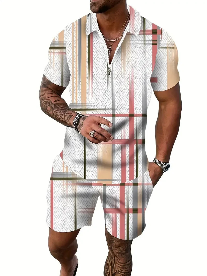Zipper POLO Shirt Shorts Set Summer Fashion Casual Mens Sports 3D Printed Simple Style Lapel 2 Sets 250530