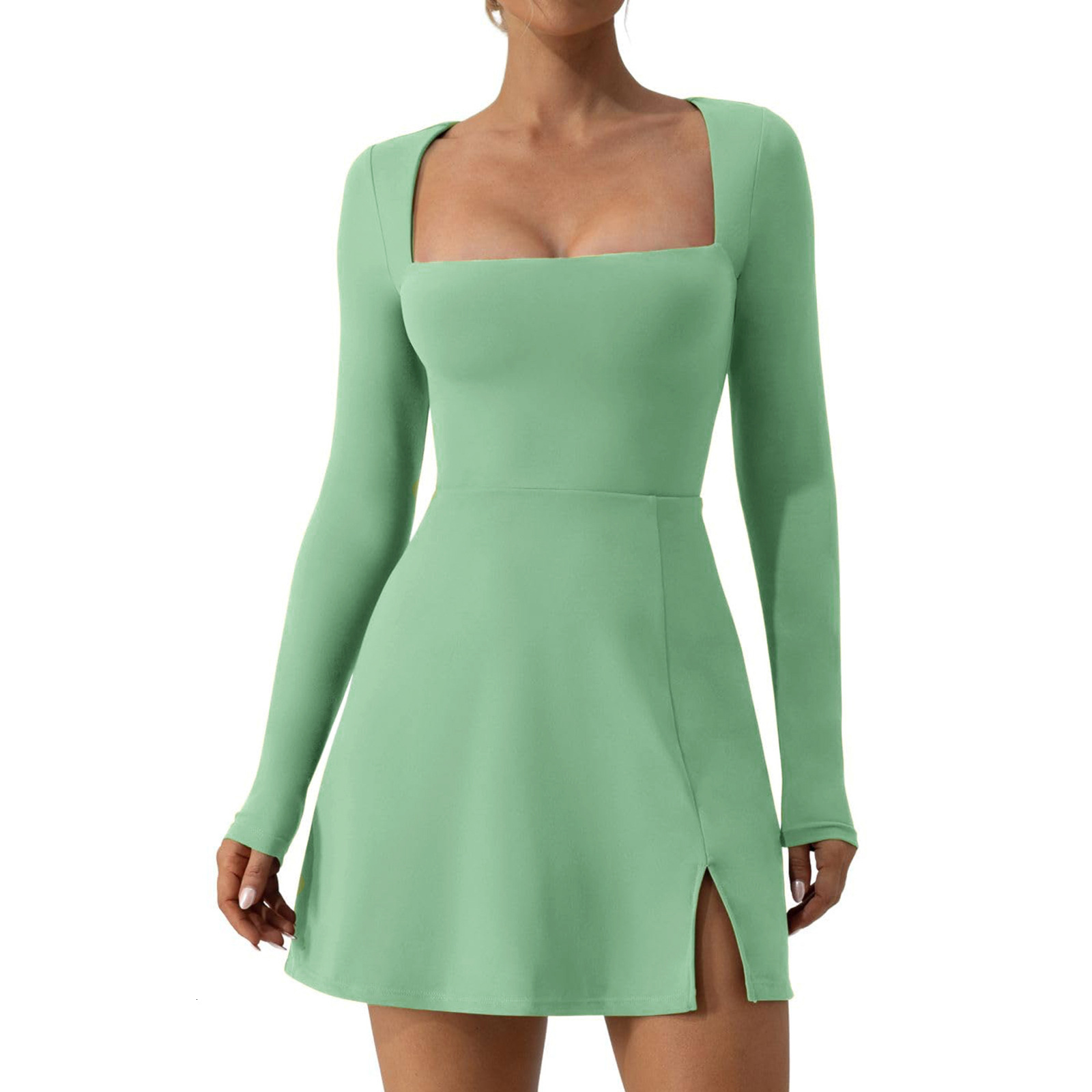 women's wear S32199 Women's Square Neck Tight Corset Long Sleeve Slit Flared Mini Dress