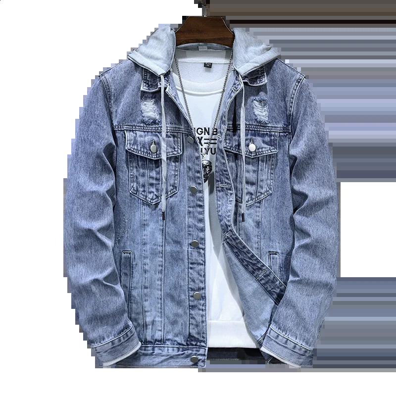 Autumn Mens Clothing Denim Jacket Fashion Hole Hooded Casual Slim Streetwear Male Coat Blue Ripped Jean Jacket 250529