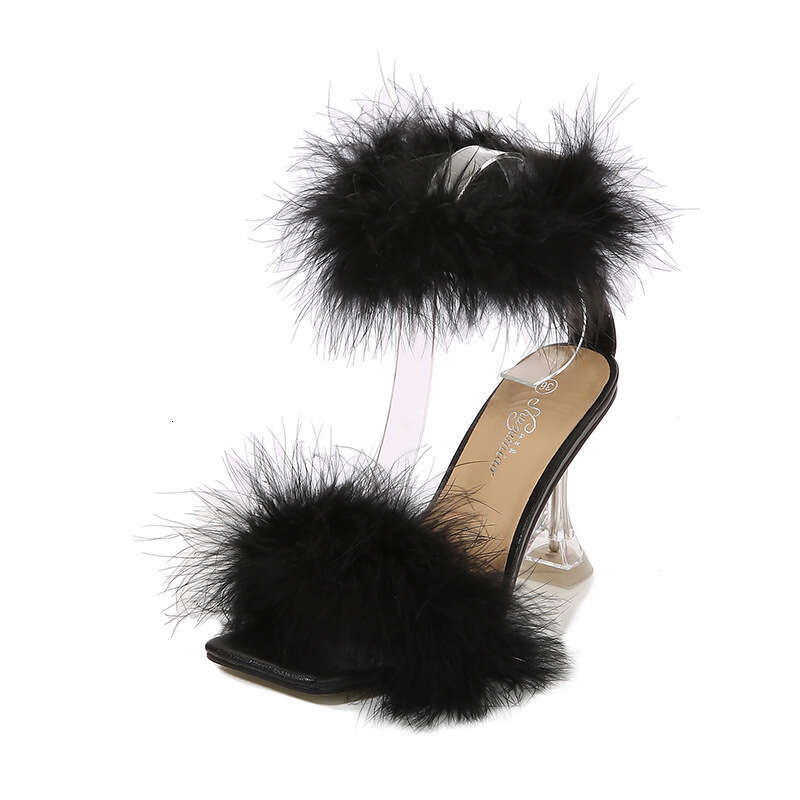 Super High Heels Wine Glass Heel Strap Square Toe One-Strap Furry Fashion Crystal Stiletto Sandals For Women Platform High Heels