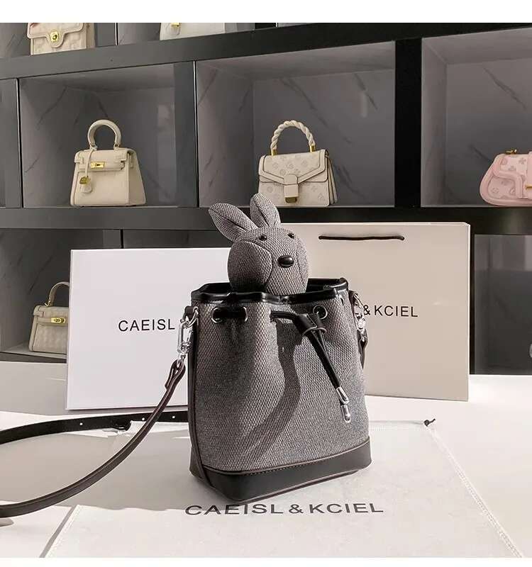 High Quality Fashion Solid Color Canvas String Bucket Cute Rabbit Doll Women Handbag Lady Purse Shoulder Messenger Bag