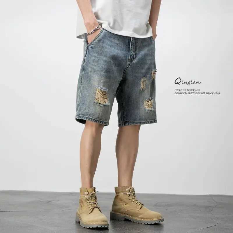 Mens Summer Thin Denim Shorts Trendy Loose Straight Five Part Pants Mens Trendy Brand RipT250603