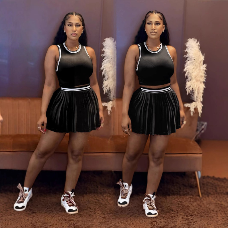 Womens Two Pieces Dress Set 2025 New Fashion Sleeveless Short Vest Casual Pleated Skirt Set 6 Colors