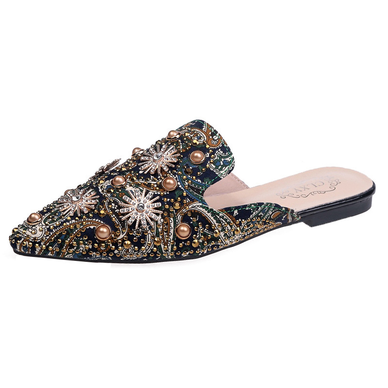 designer European Station 2025 Spring/Summer New Sexy Printed Rhinestone Studded Pearl Pointed Toe Closed-Toe Graffiti One-Word Slippers