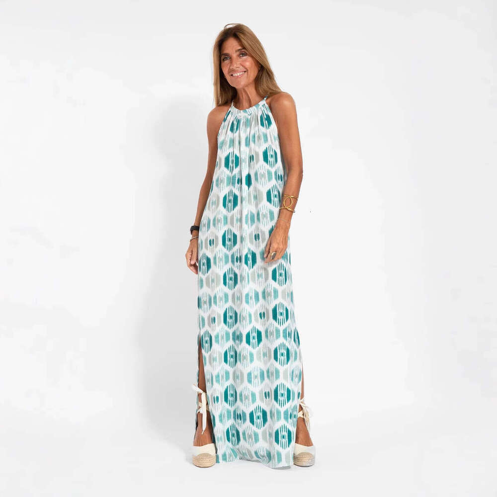 Hanging neck slit cotton leprosy casual vacation dress, European and American 2025 spring/summer product temperament versatile new trend clothing ins