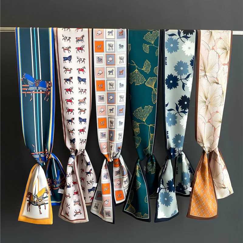 2024 New 145*12cm Women Fashion Silk Scarf Headwrap Hair Scarf Femme Headscarf Tie Neck Bag Luxury Brand Ribbon Hair Band Hijab W250602