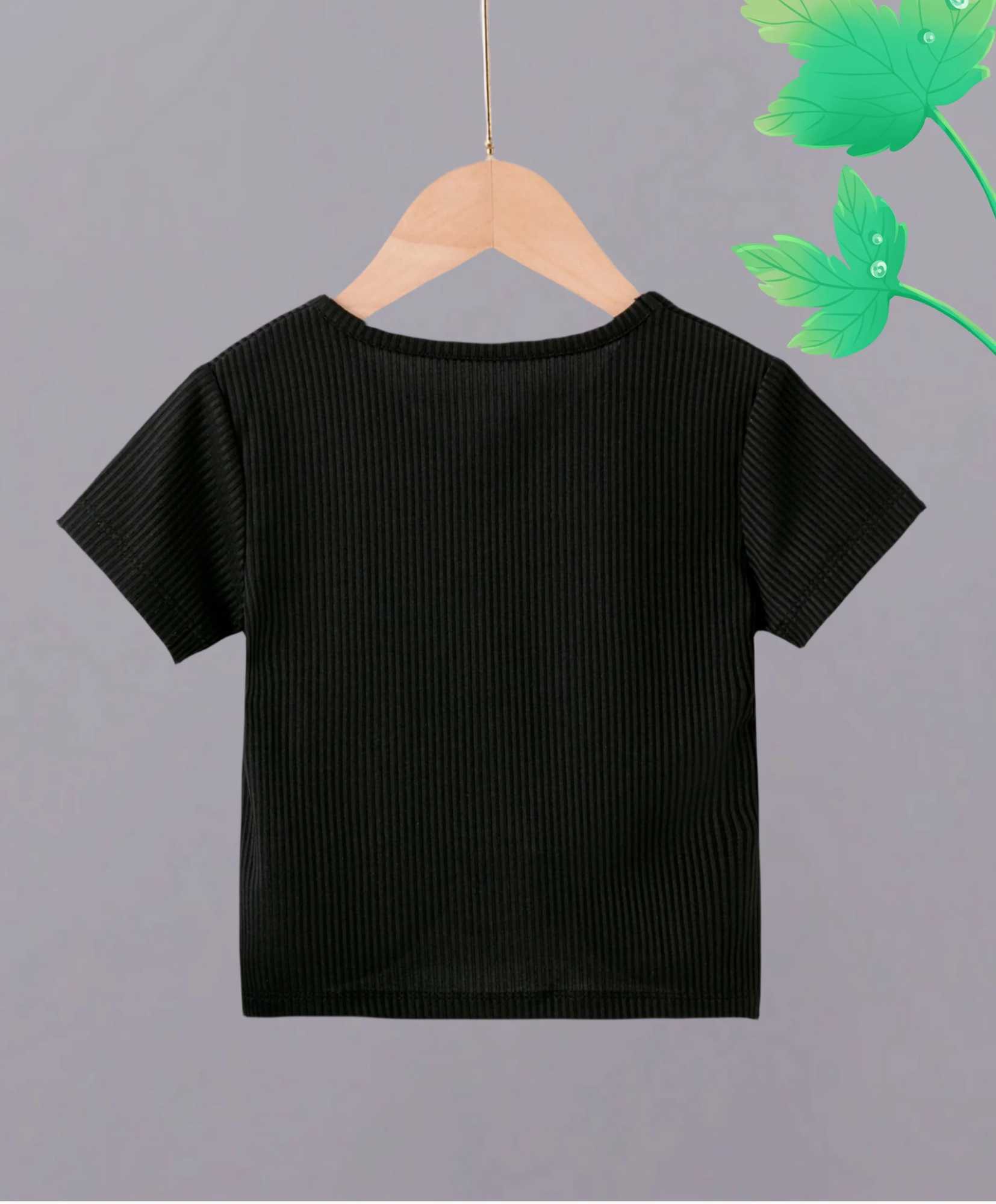 Girls Summer Drawstring V-neck Short-sleeved T-shirt Thin High-waisted Short Black Belly-button Sweet and Spicy Casual Shirt T250603