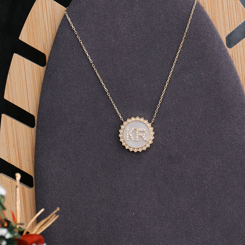 Mother of Pearl Necklace 14mm Coin Shape 14k Soild Gold Moissanite Pendant Custom With DEF VVS Moissanite Diamond