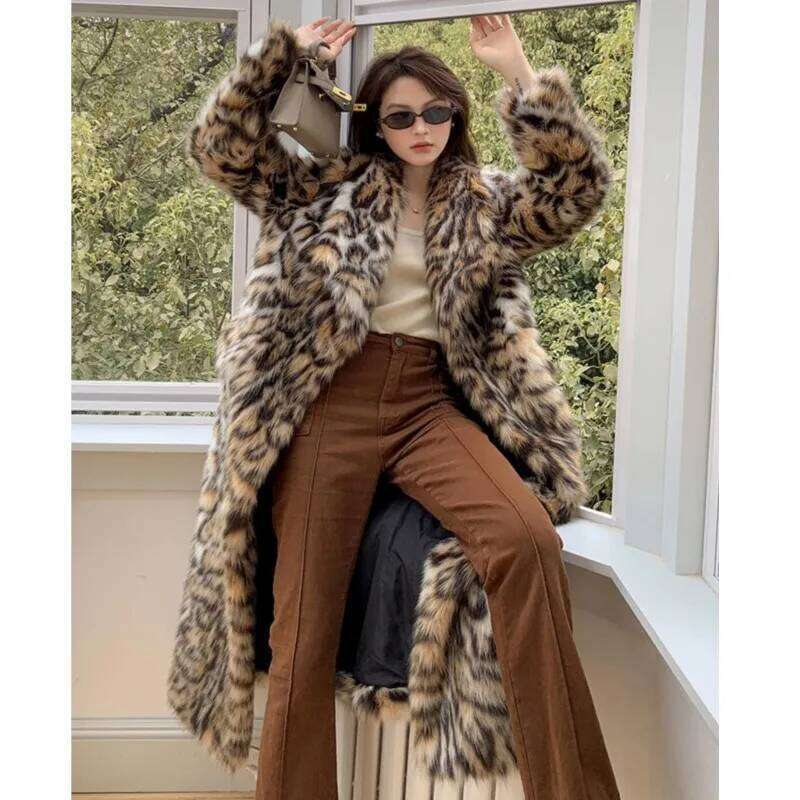 High quality Winter Animal Leopard Faux Fur Extra Long Coat Full Sleeve Warm Shaggy Jacket Loose Outerwear