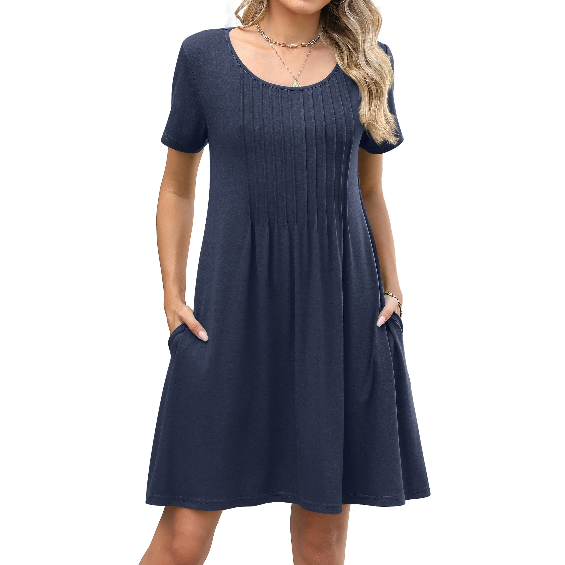 Luxury Designer Clothing Europe And America 2025 Summer New Item Solid Color Round Neck Striped Loose Short Sleeved Pocket Dress Designer Dress