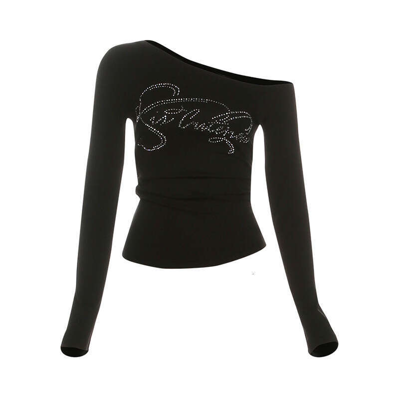 Fashion Autumn New Women's Sexy Hot Girl Off-Shoulder Rhinestone Slim Fit Irregular Top B5