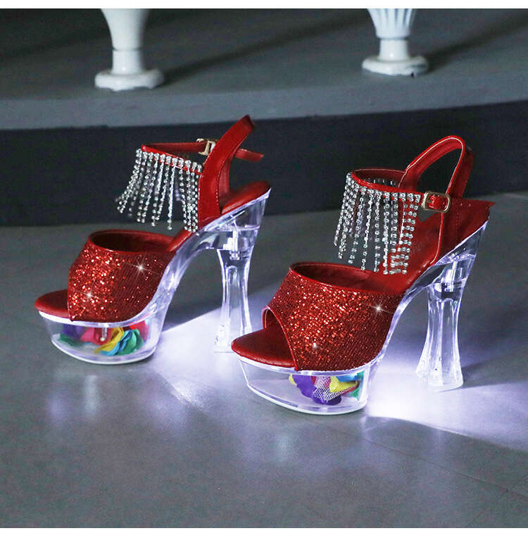 Super High Heels Sequin 15Cm Extra Heels Chunky Waterproof Platform Extreme Tassel Super High Heel Sandals Glowing Platform High Heels