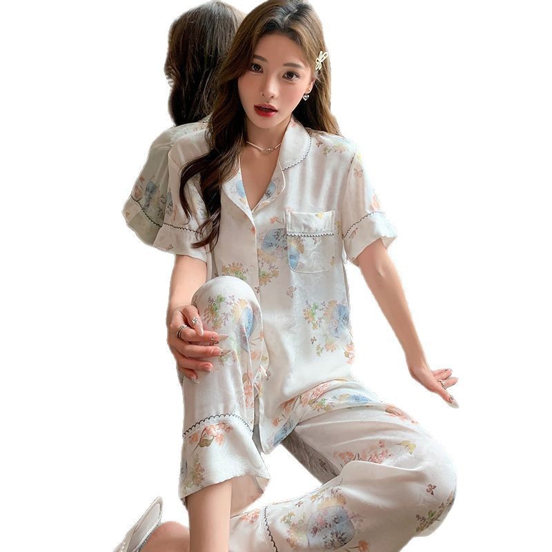 B463-Pajamas women summer ice silk jacquard printed pajamas loose comfortable casual ladies large size national style home clothes suit