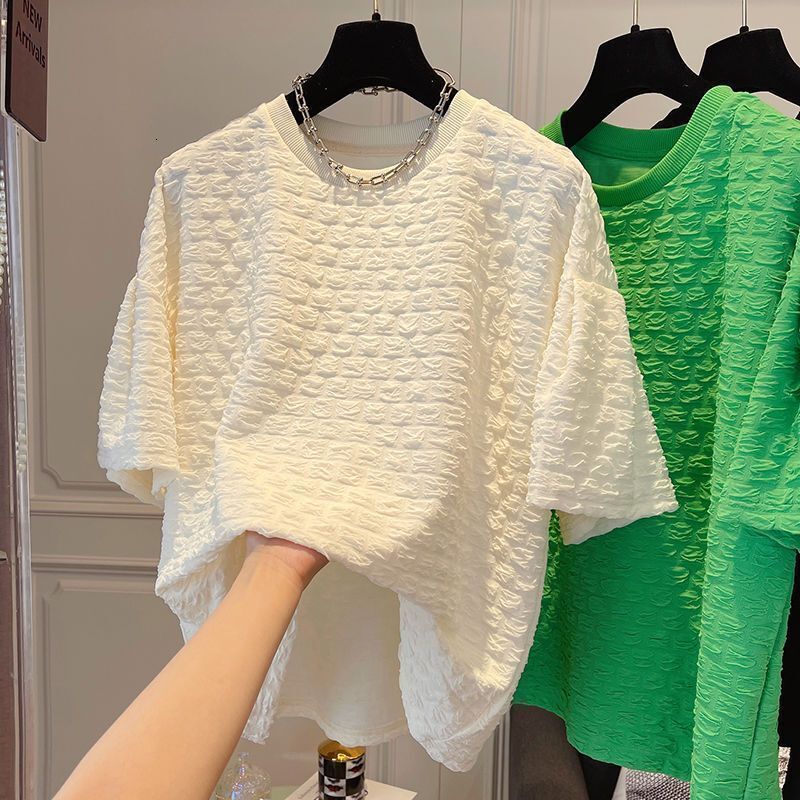 2025 New Summer Men's T-shirt New Summer Unique Design Fluffy Short Sleeve Loose Casual Wrinkle Solid Color Versatile Designer Fashion Trend Text