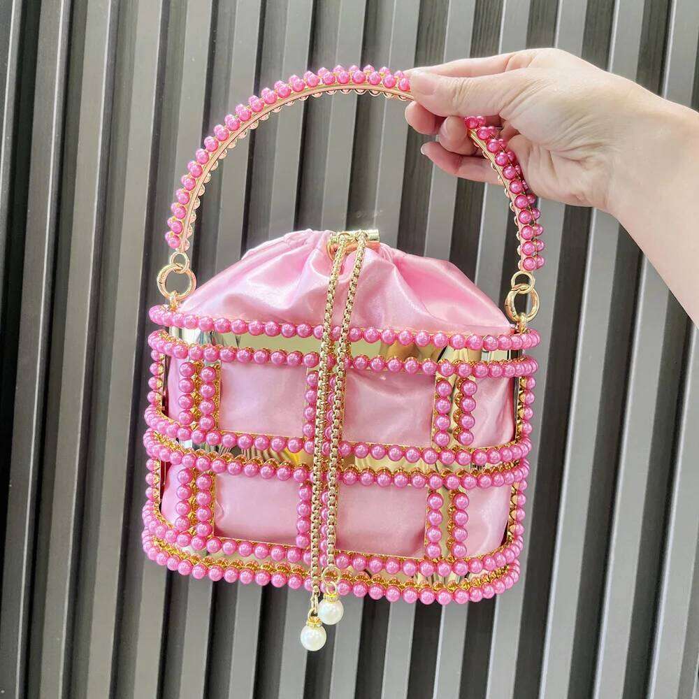 Dia Hollow Out Bucket Evening Clutch Bags Women Top Handle Pearl Beaded Metallic Cage Handbags Ladies Wedding Purse