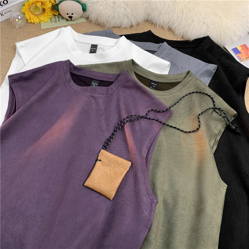 2024 Heavy Suede Vest Men Summer High End Feeling Ins Ruffian Handsome Casual Loose Sports Sleeveless Tshirt Mens Clothing 250527