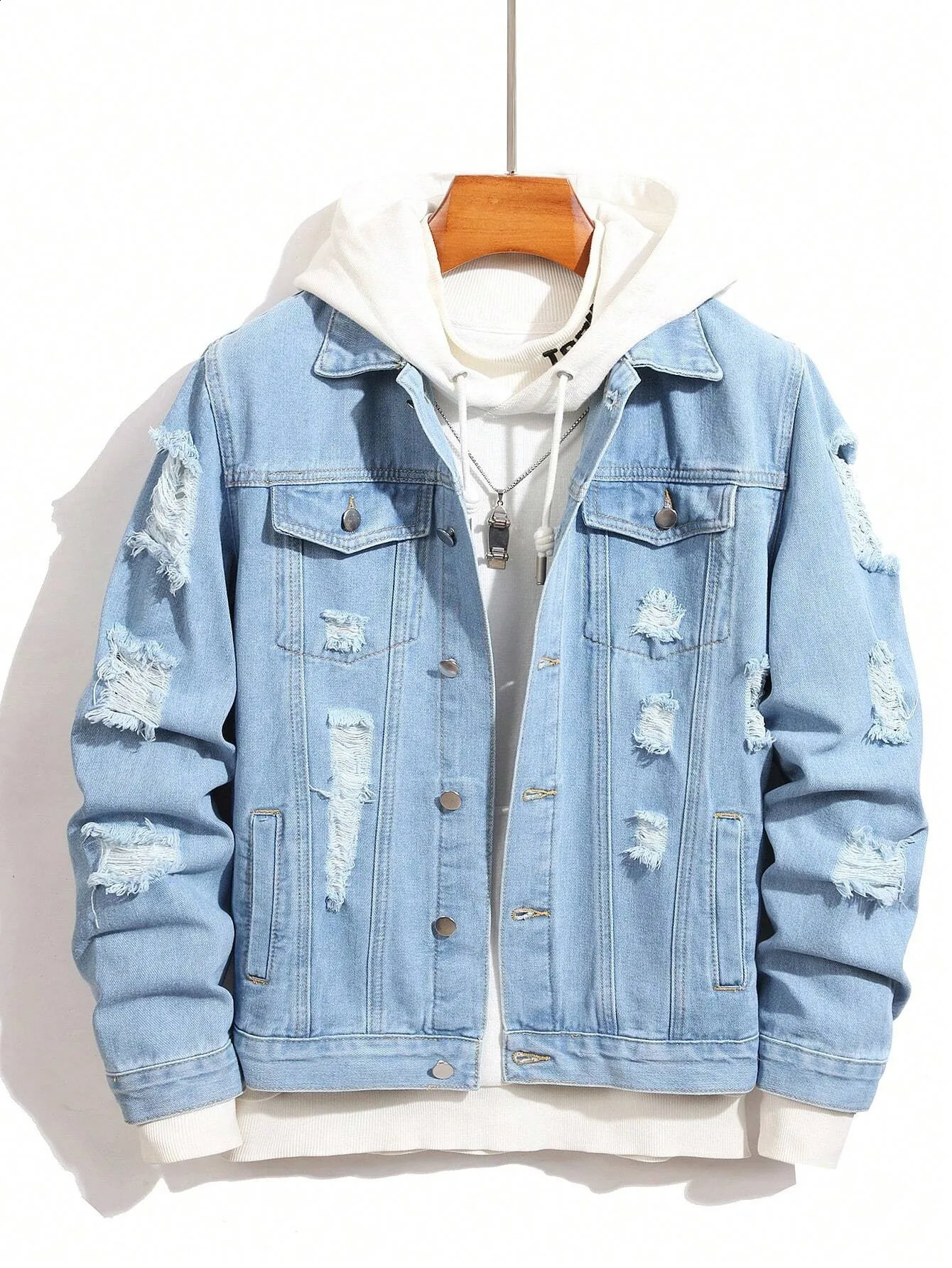 1PC Mens Four Seasons Style Destroyed Stone Wash Light Blue Jacket Daily American Street Casual Denim Jacket 250529