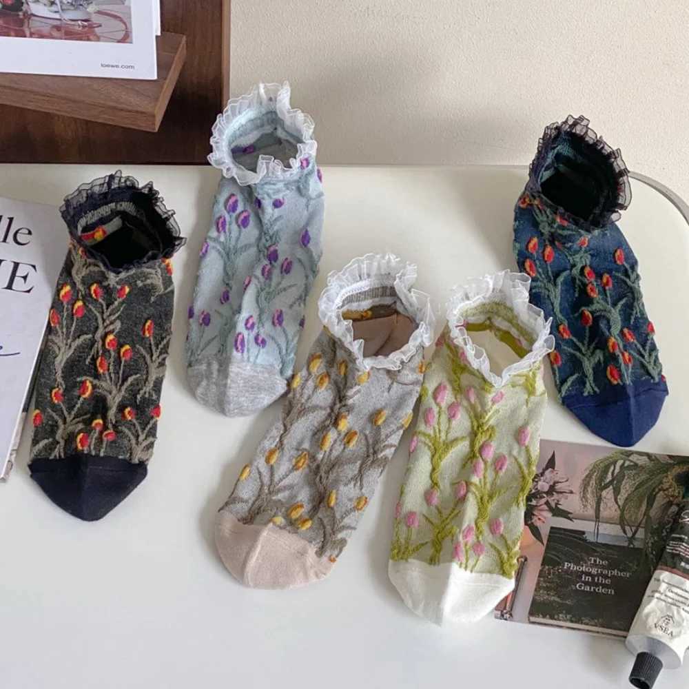5 Pair Sweet Cute 3D Stereoscopic Flower Womens Socks Set Fashion Lace Edge Short Socks Spring Summer New Woman StreetwearT250602