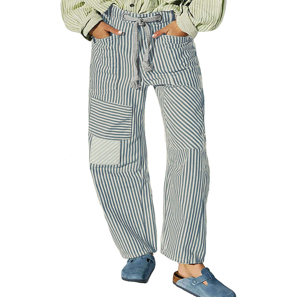 Mid-Waist Fashion Commuter Casual Loose Wide-Leg Striped Patchwork Drawstring Pocket Pants B5