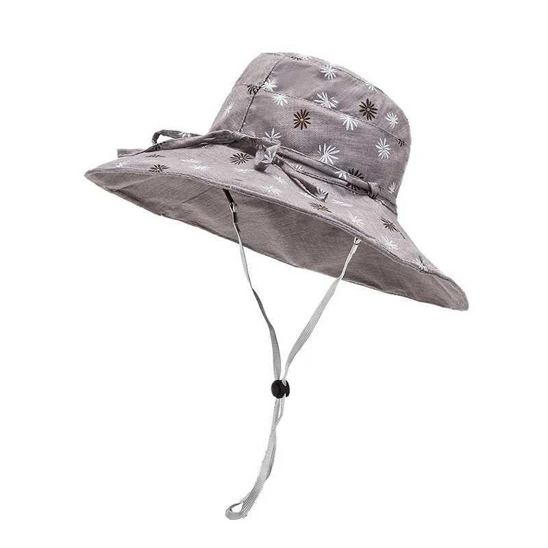 Panama Womens Fragmented Flower Big Brim Fisherman Bucket Hat Outdoor Fashion Sunscreen Beach Summer Cap H94 W250602