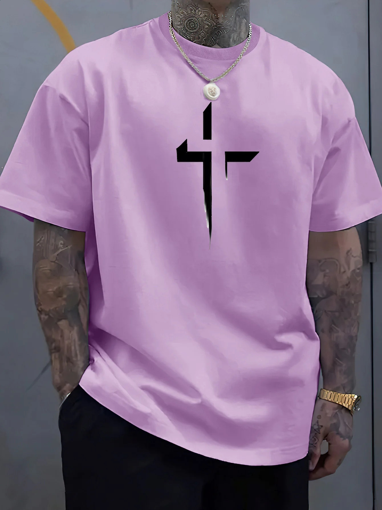 Summer mens 100% pure cotton casual loose plus size Cross Creative printed sports comfortable round neck short sleeved T-shirt 250530
