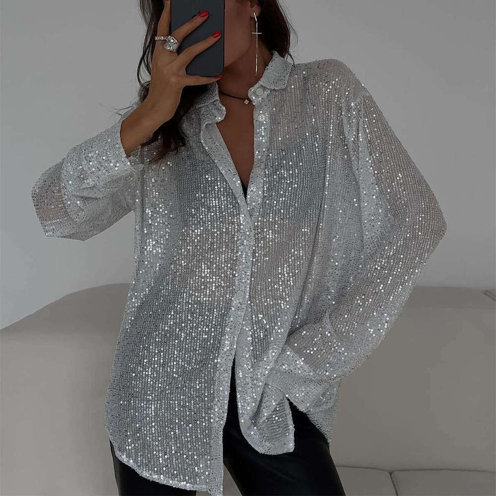 Spring Summer New Sequin Top Turn-Down Collar Long Sleeve Cardigan Basic Women's Shirt Jacket B5