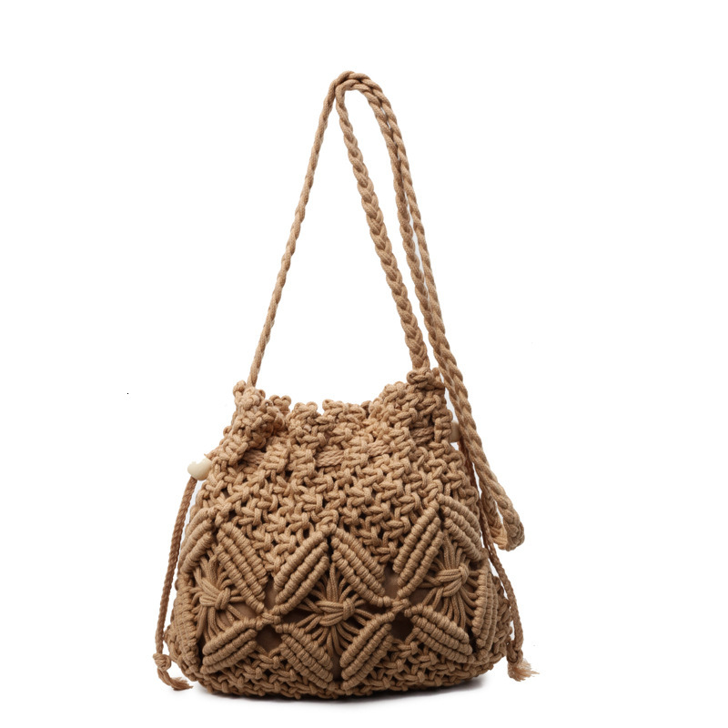 designer Woven Cotton Rope Bag for Women Summer Versatile 2025 New Fashion Niche Design Crossbody Bucket Bag Hollow Beach Bag