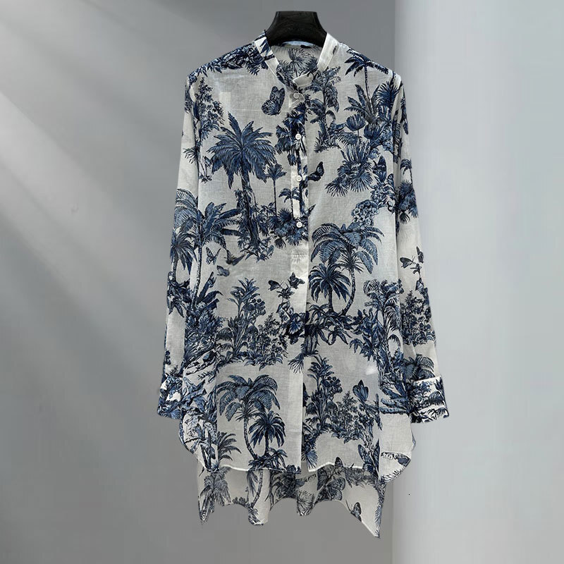Summer Women's Butterfly Palm Print Cotton Shirt Classic Stand Collar Button Front Long Sleeve Loose Fit High-Low Hem Embroidered Retro Luxury Cl