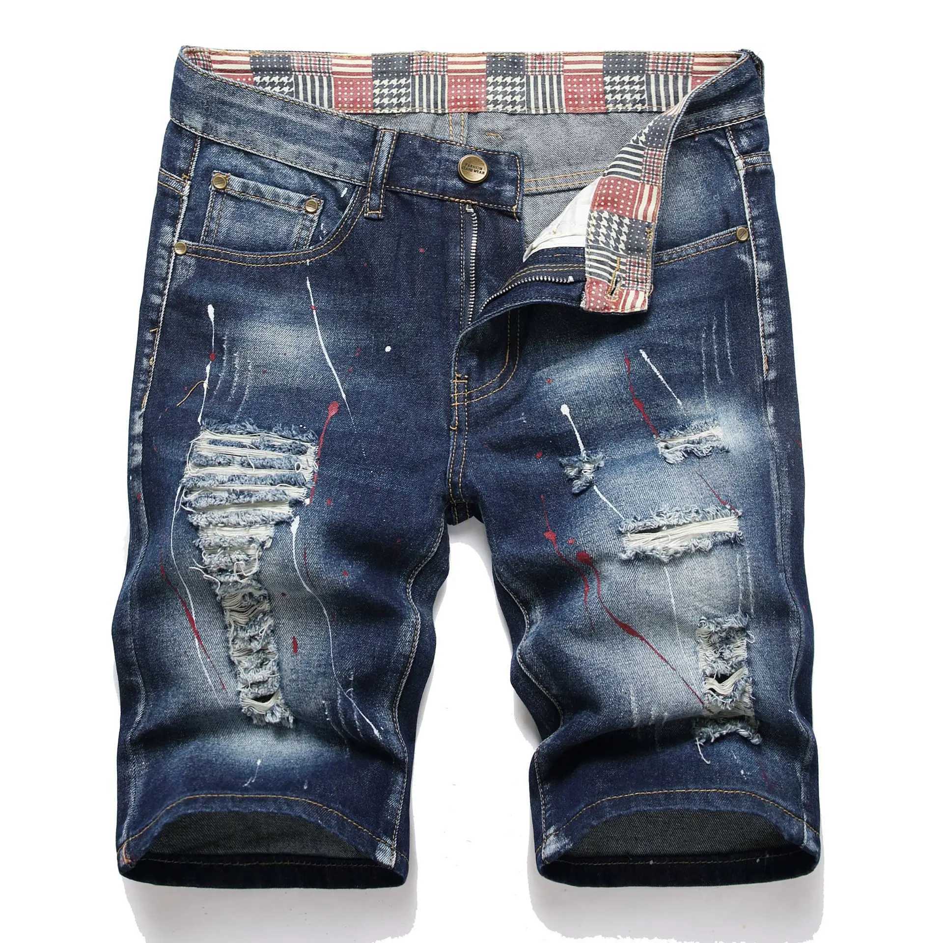 Retro Summer Men Graffiti Ripped Denim Shorts Jeans Destroyed Hole Plus Size Fifth Pants Shorts Male Brand Clothes T250603