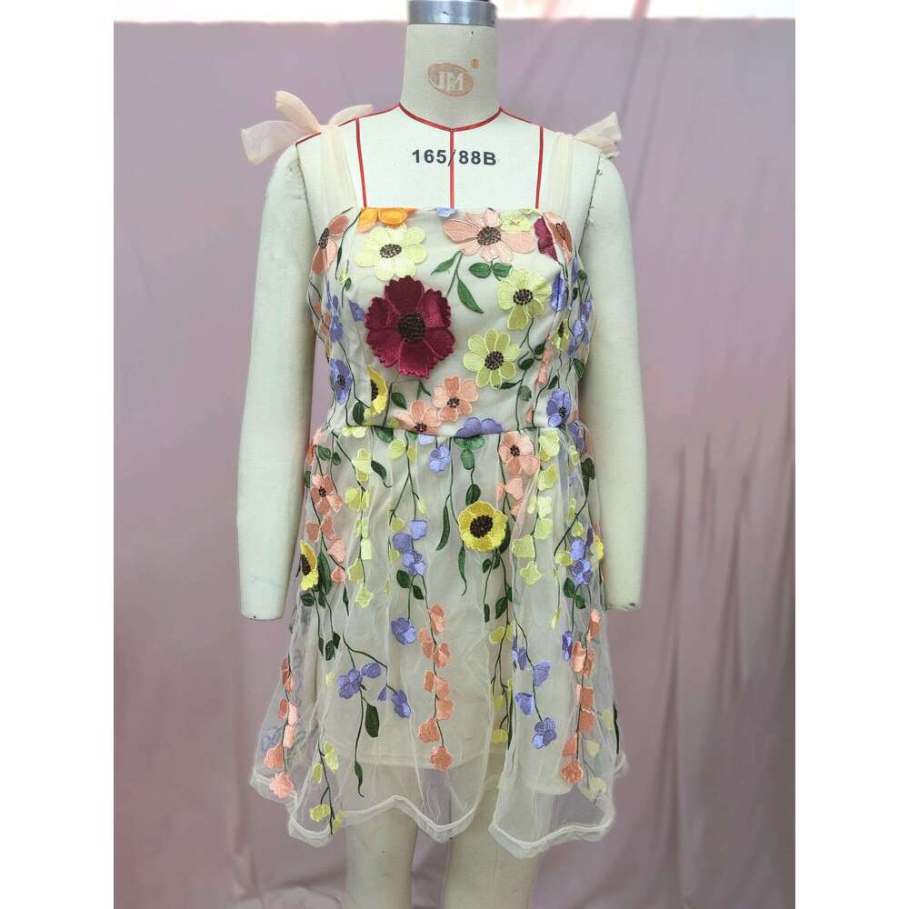 Women's Fashion 3D Flower Embroidery Bodycon Sexy Strap Dress B5