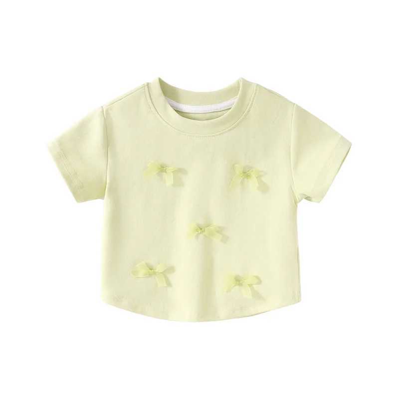 Girls Knotbow T-Shirt Summer Printed Short Sleeved Top New Children Thin Simple Versatile Clothes 2-8 Years T250603