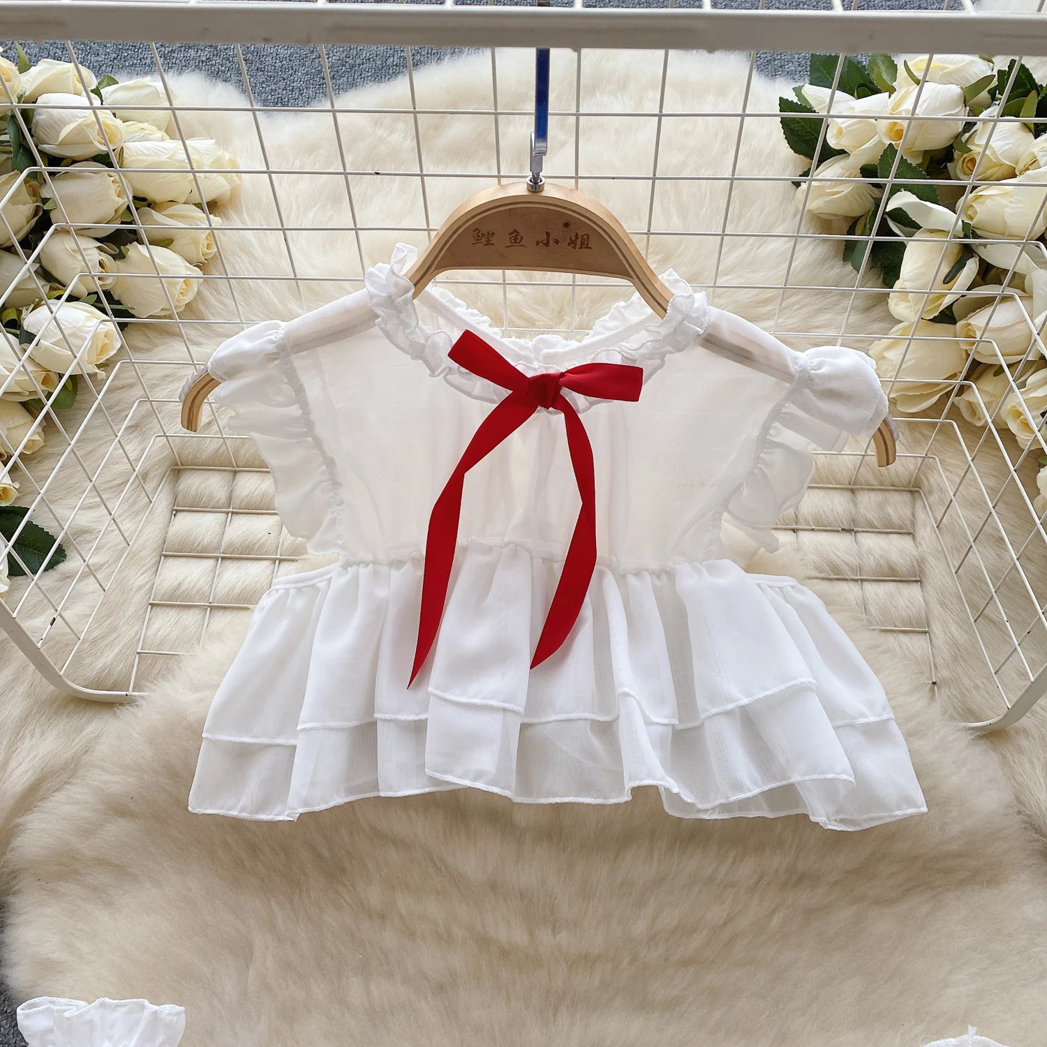 White Sweet Sexy Pajama Set Transparent Hollow Flying Sleeves Ruffled Crop Top Mini Pleated Skirt Hand And Leg Loops For Women 250603