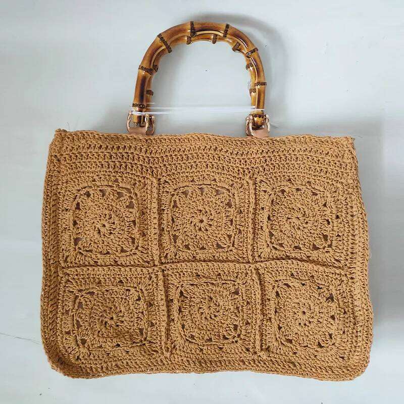 Vintage Bamboon Handle Women Handbags Crochet Large Capacity Tote Handmade Woven Hollow Beach Bag Casual Big Summer Bags