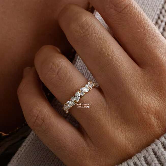 2025 New Arrival Sparkle VVS Moissanite Marquise and Round Half Eternity Ring Women 925 Sterling Silver Diamond Engagement Ring