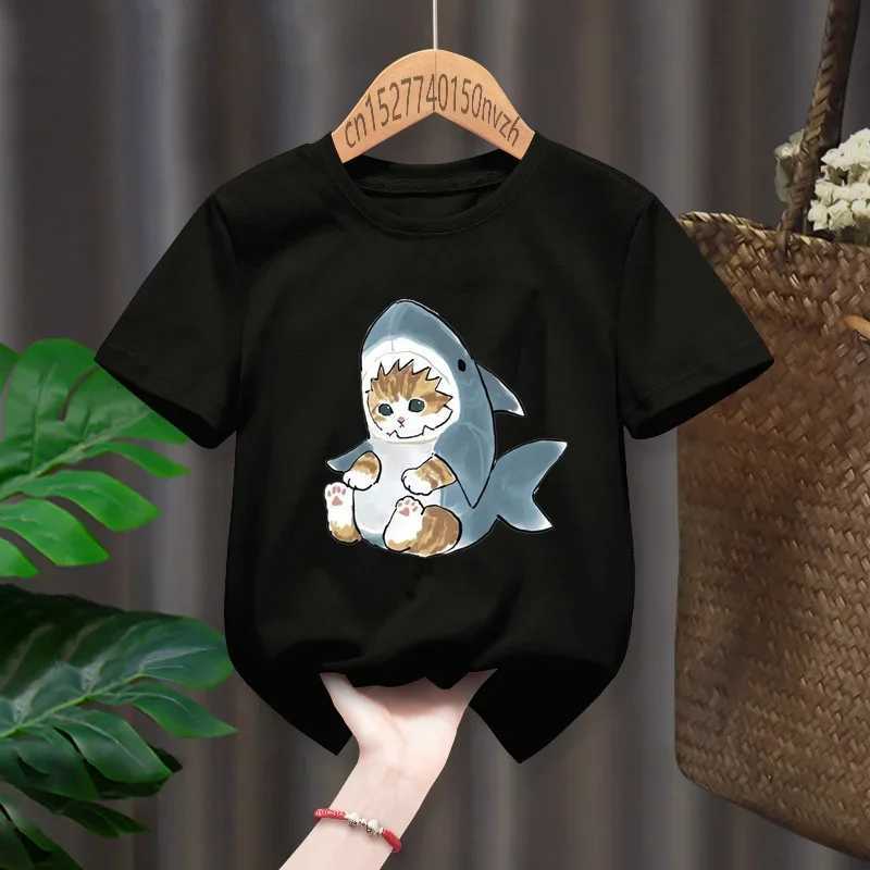 Cat Shark Funny Cute Print Casual Print Funny Boy Girl T-shirts Kid Children Manga Gift Present Black Harajuku Clothing T250603