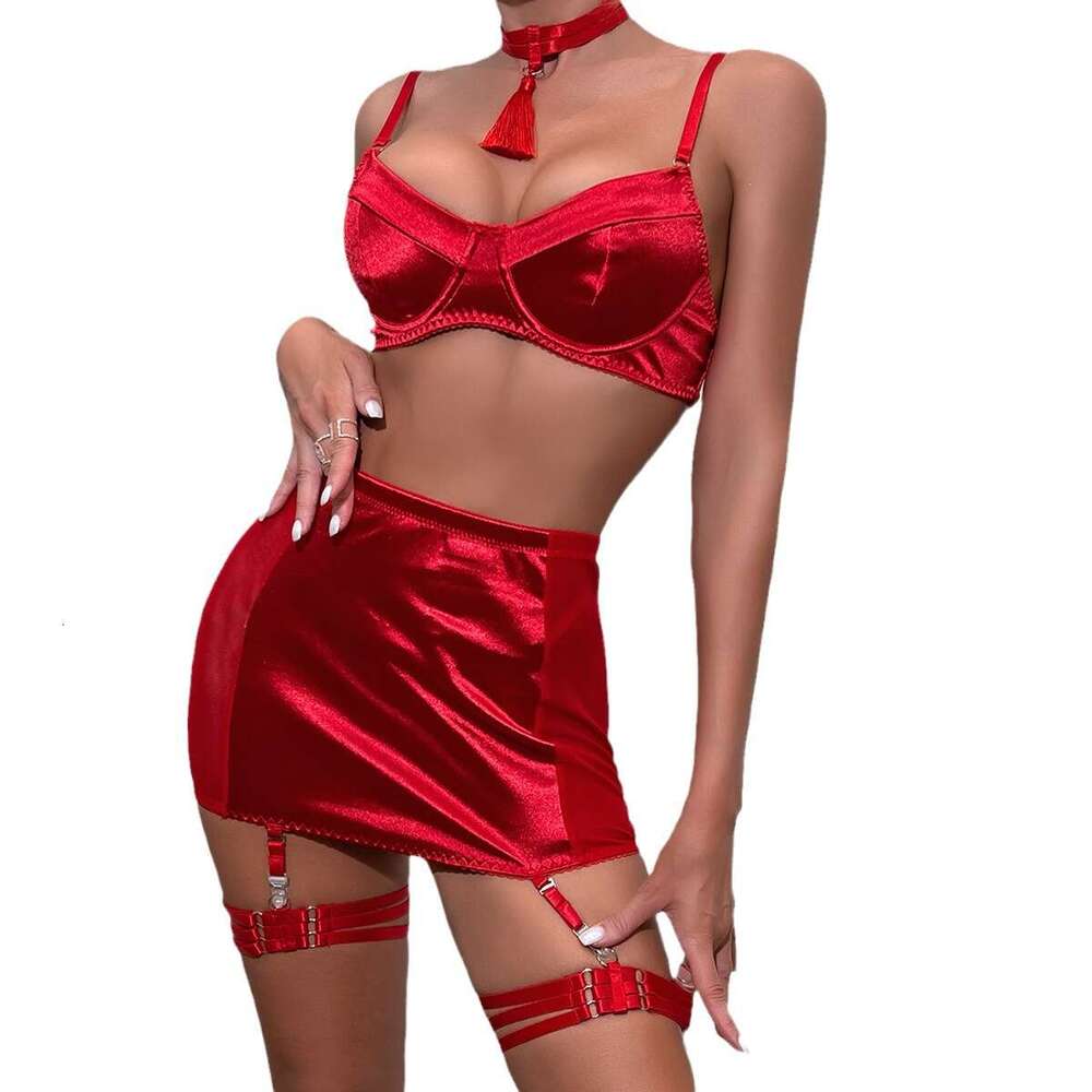 Spell Lingerie Porn Suits INS Hot Selling Lingerie Satin Tassel Sexy Push Up Hip Lifting Big Chest Minimizing Four Piece Set For Women Sexy Lingerie