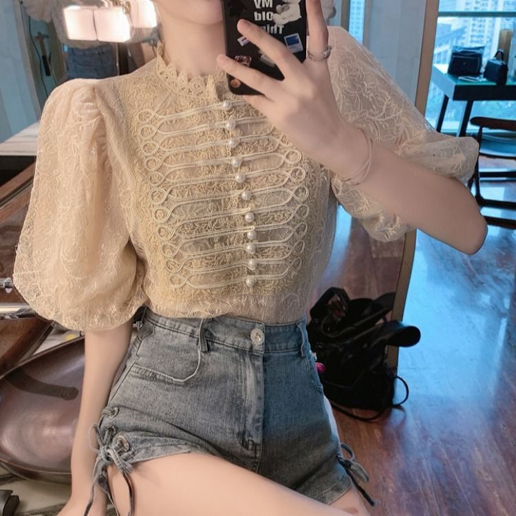 2025 Women's New Spring and Summer T-shirt New French Elegant Fluffy Sleeves Lace Women's Designer Shirt Summer New Design Feel Bead Decorat
