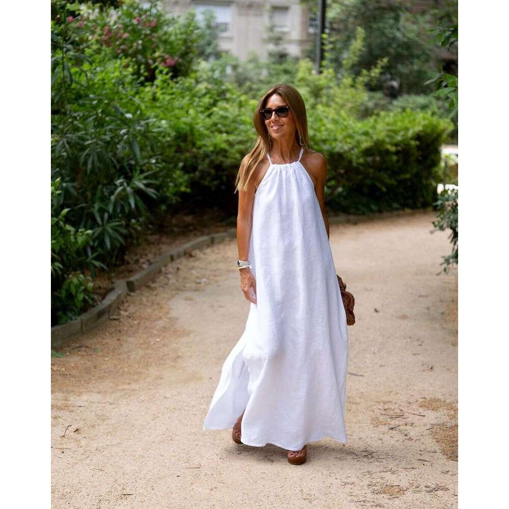 Hanging neck slit cotton leprosy casual vacation dress, European and American 2025 spring/summer product temperament versatile new trend clothing ins