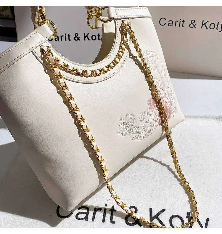 Fashion Metal Chain Casual Tote Embroidery Floral Women Handbag Textured Leather Clutch Purse Shoulder Crossbody Bag