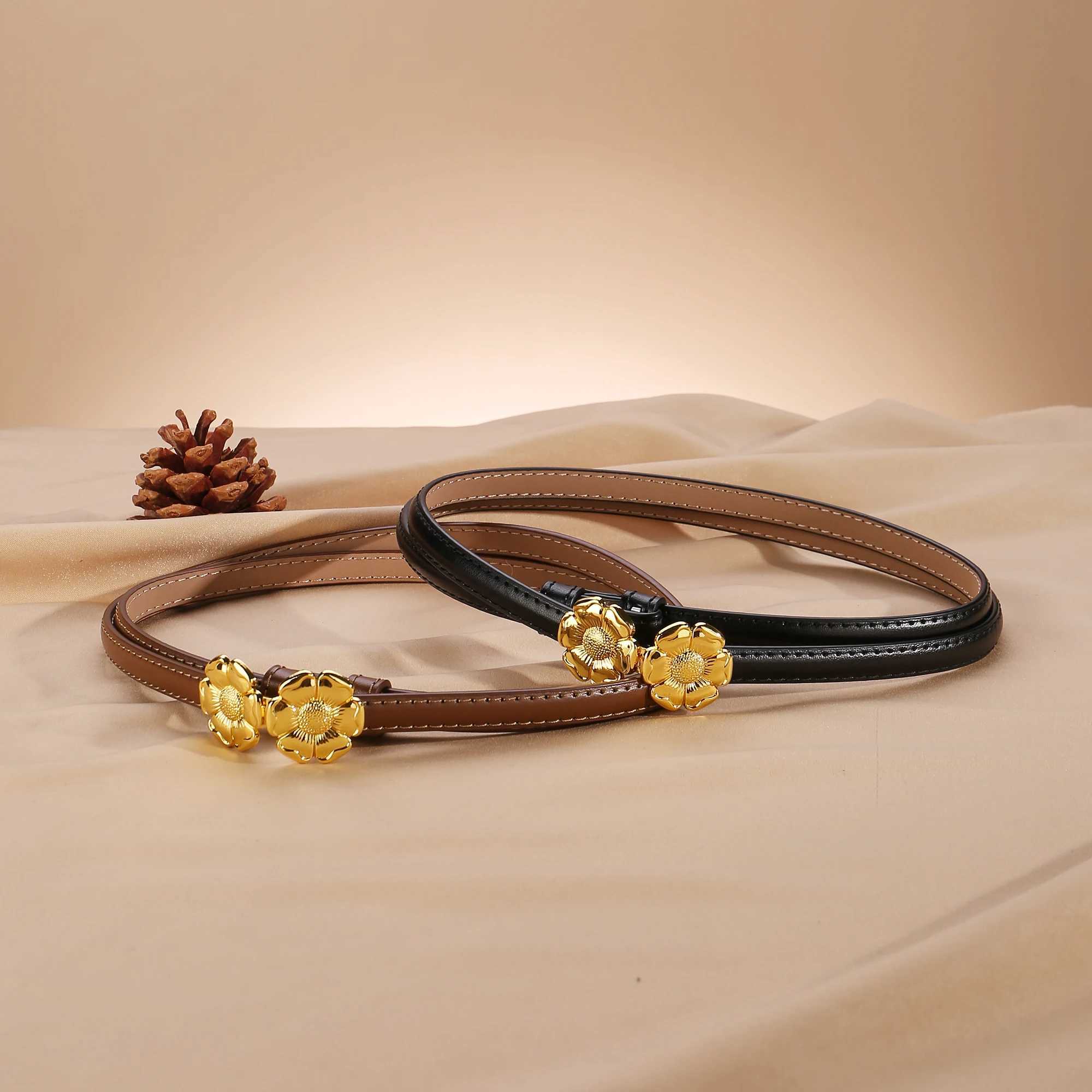 Elegant Thin Belts for Women Solid Color Leather Belts Womens Flower Alloy Buckle Adjustable Belts for Jeans Dress XJ250602