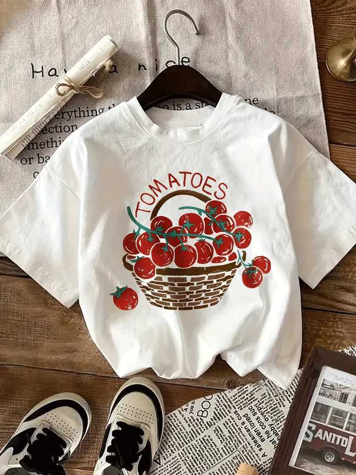 Kids Women Soft Casual T-shirt Fun Tomato Print Comfortable Short Sleeve Summer T-shirt White Graphic Design Great for Casual WearT250603