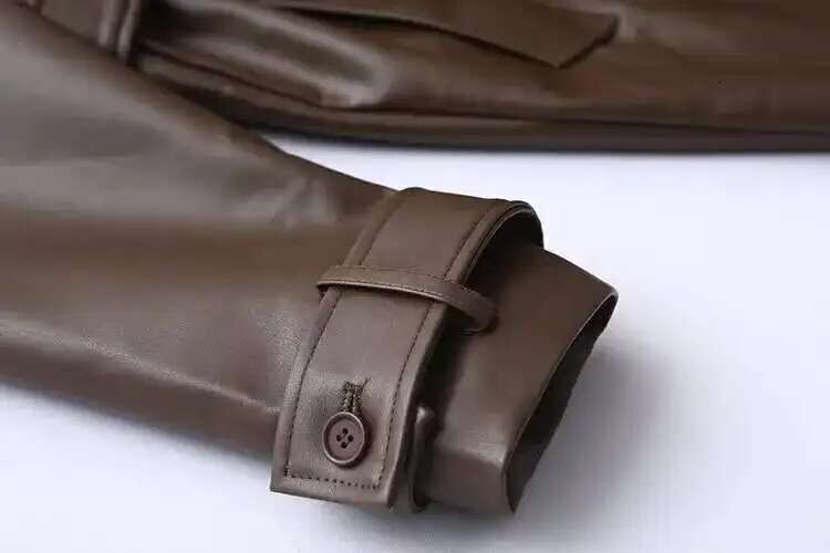 IEQJ Fashion Women's Pu Leather Trench Coat Lapel Long Sleeve Belt Solid Color Casual Windbreaker 2025 Autumn New Jacket WM2463