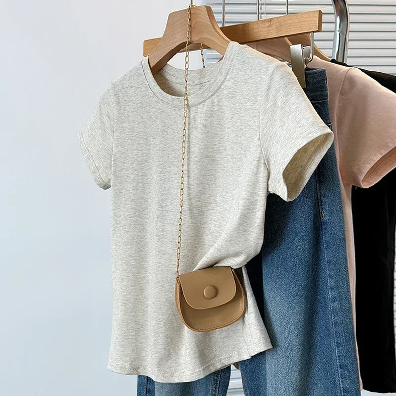 Basic Solid Top Short Sleeve Crewneck Skinny T-shirt Summer Casual Tee For Women Y2k Vintage Top Harajuku Streetwear 250529